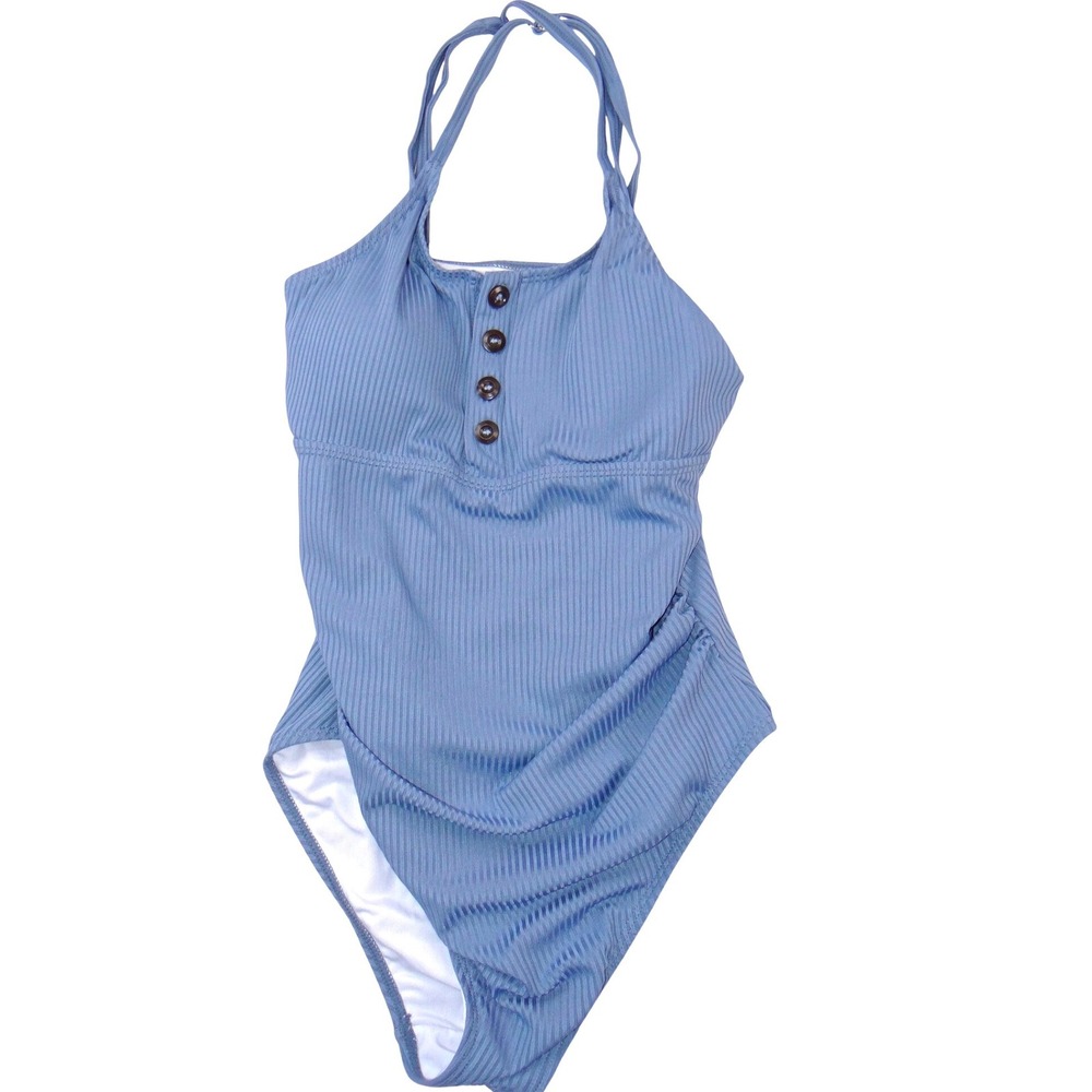 Summer Mae Womens Ribbed Henley One Piece Swimsuit Blue‎ Size S Button Front